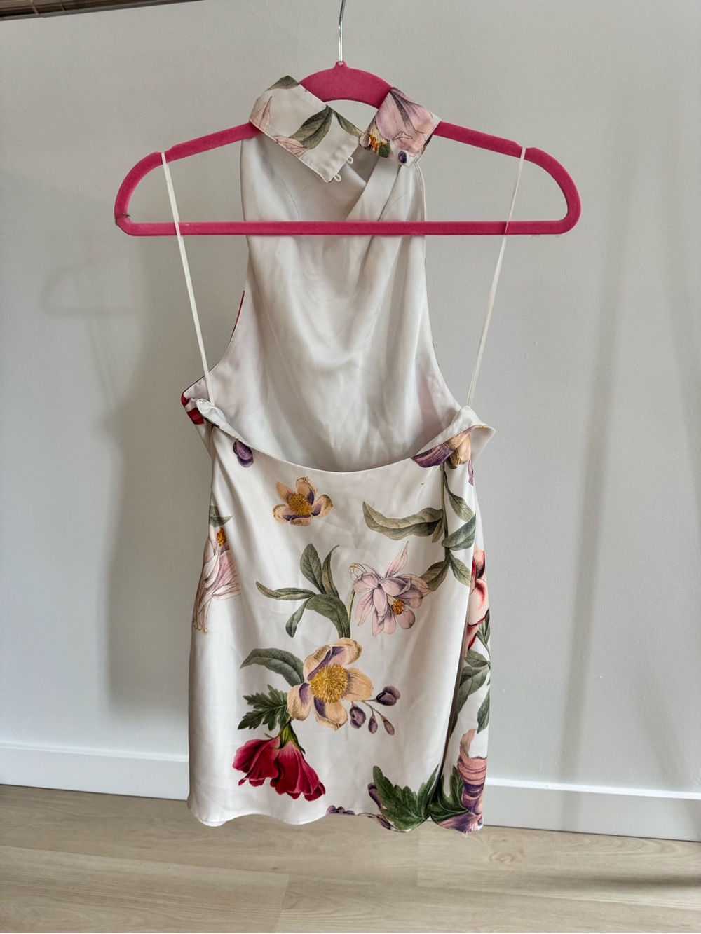 Meshki White Satin Halter Mini Dress with Red & Green Floral Print - Picture 3 of 4